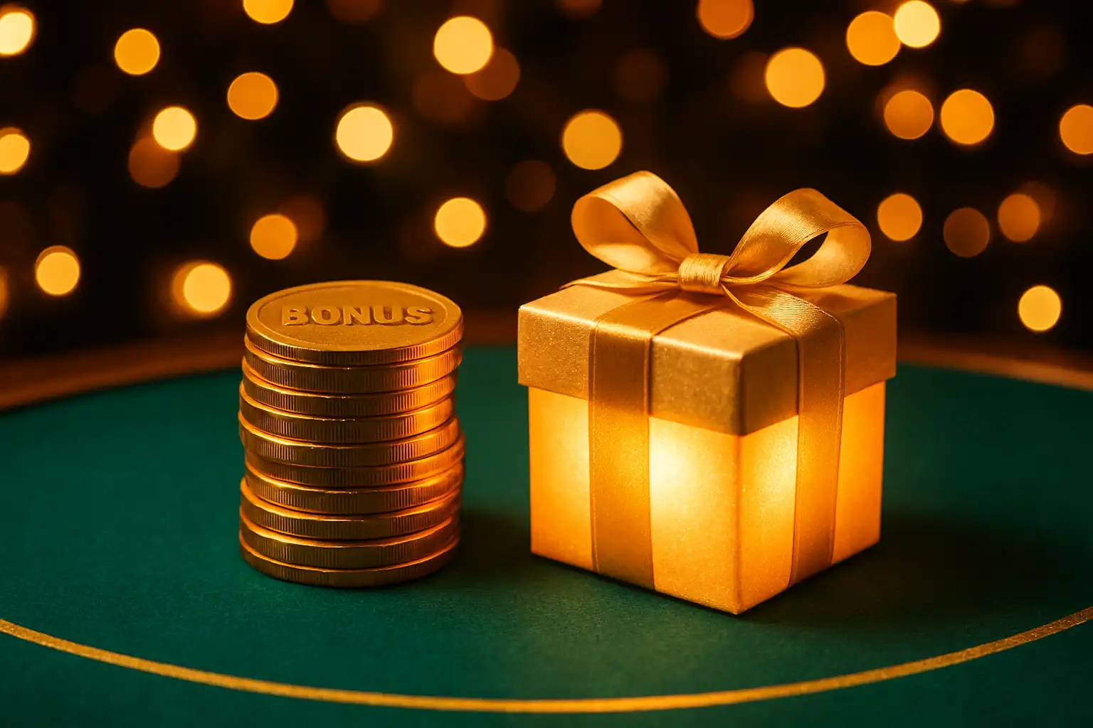 Golden bonus coins and a welcome gift box on an emerald casino table